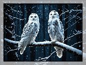 Gałąź, Zima, Noc, Dwie, Sowy śnieżne