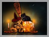 Dynia, Świece, Kot, Halloween, Miś