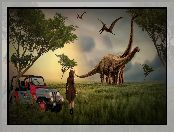 Trawy, Dziewczyna, Grafika, Jeep, Drzewa, Wschód słońca, Dinozaury