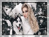 Pies, Dziewczyna, Śnieg, Zima, Blondynka, Siberian husky
