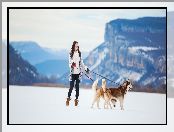 Psy, Dziewczyna, Zima, Góry, Dwa, Siberian husky