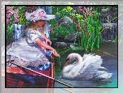 Dziewczynka, Łabędź, Staw, Łódka