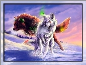 Fantasy, Słońca, Las, Wilki, Zachód