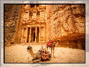 Wielbłądy, Skarbiec Faraona Al-Chazna, Jordania, Skały, Różowe Miasto, Petra, Ruiny