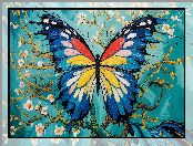 Grafika, Motyl, Kwiaty, Gałązki