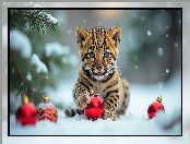 Czerwone, Mały, Lampart, Gałązki, AI, Śnieg, Bombki