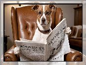 Fotel, Jack Russell terrier, Grafika, Pies, Okulary, Gazeta