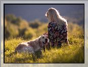 Golden Retriever, Trawa, Dziewczyna, Łąka