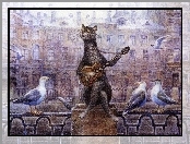 Gołębie, Gitara, Obraz, Włodzimierz Rumiancev, Kot
