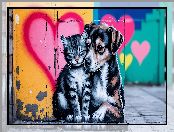 Mural, Street Art, Kot, Serce, AI, Pies, Grafika