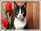 Czerwone, Kot, Tulipany, Grafika, Czarno-biały