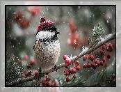 Grafika AI, Czapka, Sikorka czarnogłówka, Czerwona, Gałązka, Czerwone owoce