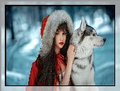 Siberian husky, Płaszcz, Dziewczyna, Śnieg, Pies, Czerwony, Kaptur