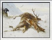 Śnieg, Archibald Thorburn, Malarstwo, Lis, Ptak, Obraz, Jeleń