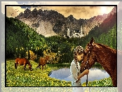 Fantasy, Jezioro, Dziewczyna, Lasy, Zamek, Konie, Łąka, Góry
