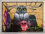 Sowy, Street art, Kolorowe, Mural