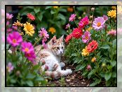 Kolorowe, Kot, Kwiaty