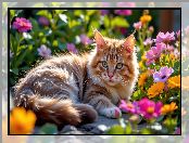 Leżący, Kot, Kwiaty, Kolorowe
