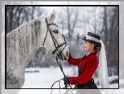 Koń, Kobieta, Zima, Śnieg, Kapelusz, Las