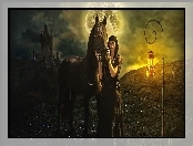 Lampa, Koń, Fantasy, Zamek, Księżyc, Brunetka, Domy