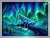 Konar, Zorza polarna, Grafika AI, Konik polny, Góry, Drzewa