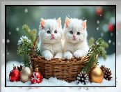 Bombki, Dwa, Białe, Koszyk, AI, Koty, Gałązki