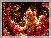 Ptak, Kot, Kwiaty, Grafika, Mały