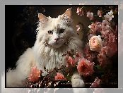 Kwiaty, Kot, Róże, Biały, Długowłosy