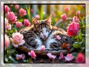 AI, Sen, Ogród, Kot, Kwiaty, Róże