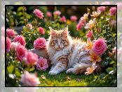 Kwiaty, Trawa, Róże, Leżący, Lilie, Rudo-biały, Kot, Puszysty