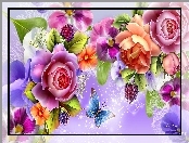 Kwiaty, Art, Kolorowe, Motyl