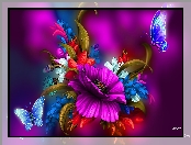 Kwiaty, Art, Kolorowe, Motyle