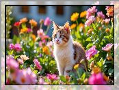 Kolorowe, Rudo-biały, Kwiaty, Siedzący, Kot