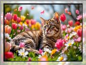 Kot, Bury, Tulipany, Kwiaty