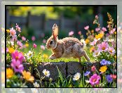 Królik, Kolorowe, Murek, Kwiaty