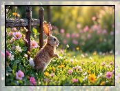 Królik, Łąka, Płot, Kwiaty