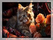 Pomarańczowe, Kwiaty, Róże, Puszysty, Kot