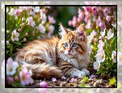 Białe, Kwiaty, Różowe, Kot, Puszysty