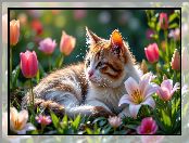 Lilie, Kwiaty, Tulipany, Leżący, Kot