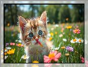 Kot, Łąka, Grafika AI, Kwiaty