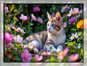 Kolorowe, Kot, Kwiaty, Leżący, Brązowo-biały