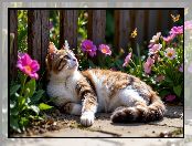 AI, Rudo-biały, Leżący, Kot, Kwiaty, Płot