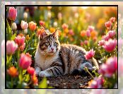 Kwiaty, Kot, Tulipany, Leżący, Biało-brązowy