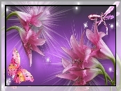 Lilie, Gwiazdki, Grafika, Motyle