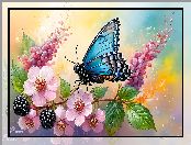 Niebieski, Jeżyny, Różowe, Liście, Grafika, Kwiaty, Motyl