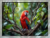 Gałązki, Ptak, Ara, Papuga, Grafika AI, Kolorowa, Listki