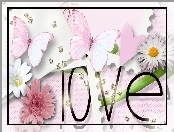 Love, Motyle, Napis, Kwiaty