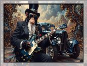Grafika, Samochód zabytkowy, Małpa, Gitara, Cylinder, Okulary