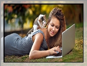 Mały, Laptop, Kobieta, Kotek