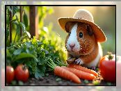 AI, Warzywa, Świnka morska, Kapelusz, Marchew, Pomidory